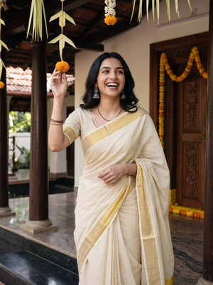 Tissue Cream Golden Shimmer Border Onam Special Kerala Saree