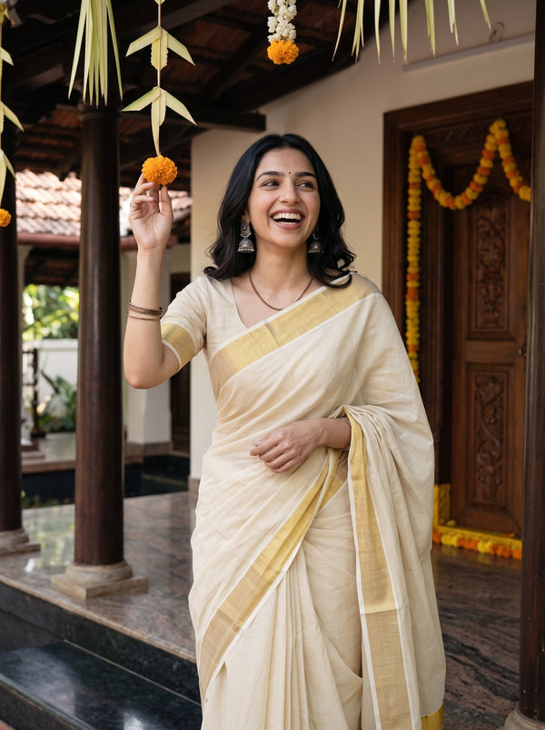 Tissue Cream Golden Shimmer Border Onam Special Kerala Saree