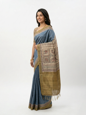 Semi Jute Steel Blue Striped Kalamkari Saree
