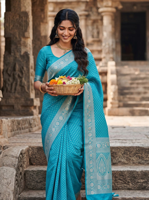 Banarasi Silk Turquoise Zari Kalka Pallu Saree