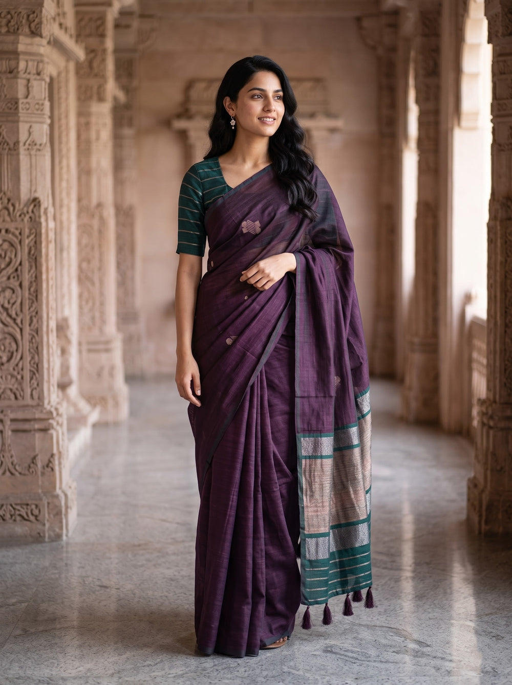 Matka Silk Deep Purple Zari Butta Saree with Green Border