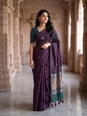 Matka Silk Deep Purple Zari Butta Saree with Green Border