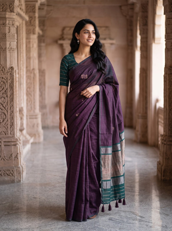 Matka Silk Deep Purple Zari Butta Saree with Green Border