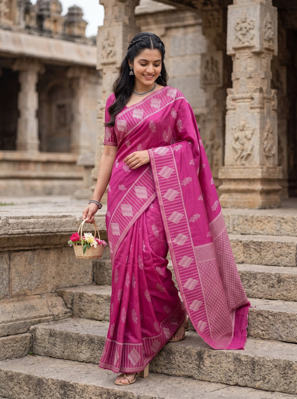 Banarasi Silk Magenta and Zari Diamond Jaal Saree