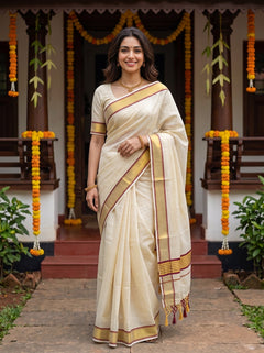 Tissue Off-White Gold Temple With Maroon Border Tassels Onam Special Kerala Saree