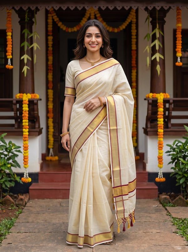 Tissue Off-White Gold Temple With Maroon Border Tassels Onam Special Kerala Saree