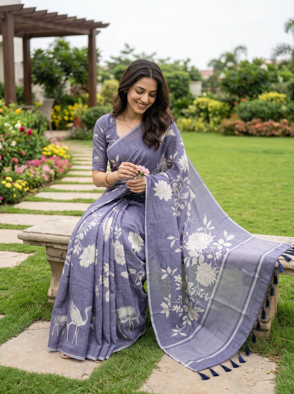 Linen Periwinkle Blue White Floral Print Saree