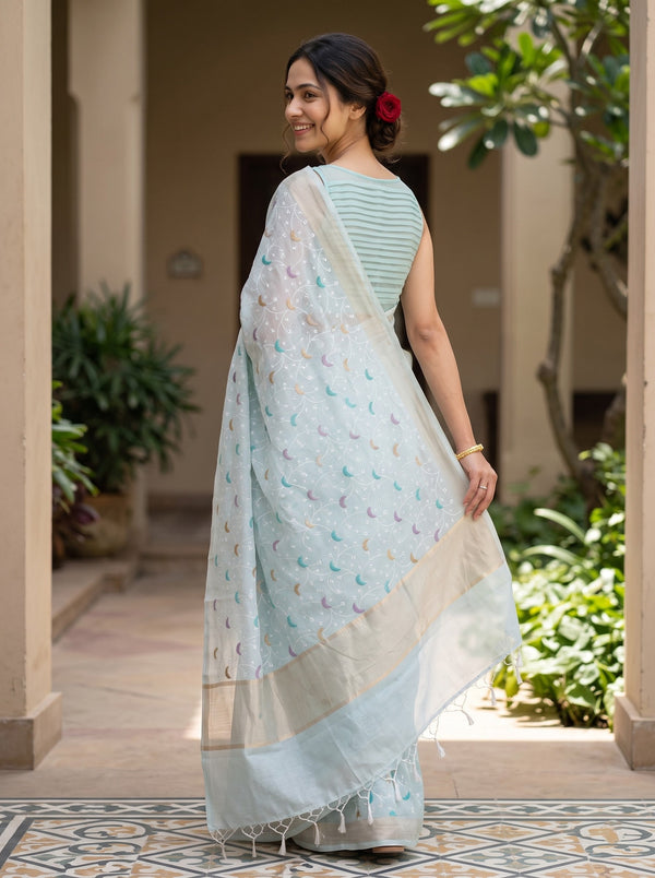Mul Chanderi Silk Light Blue White Floral Vine Multicolor Dot Motif Pallu Saree