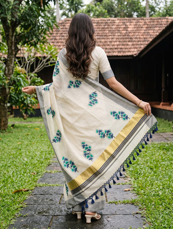 Tissue Cream Kerala Saree with Blue-Green Floral Print Pallu, Golden Zari and Navy Striped Border