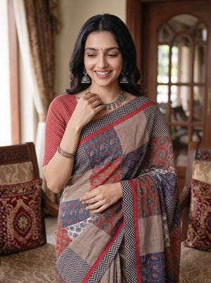 Cotton Rust Patchwork Print Chevron Border Saree