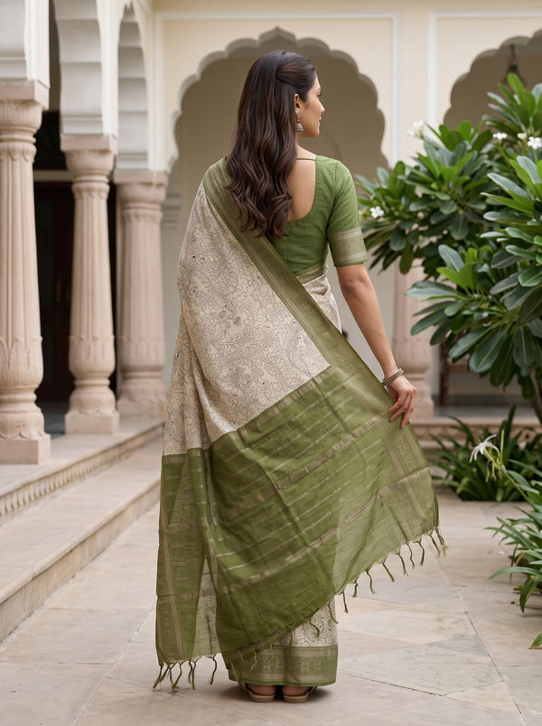 Pure Chanderi Off-White Black Kalamkari Peacock Print Saree