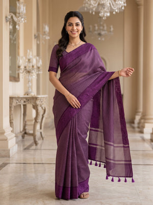 Pure Organza Wine Magenta Floral Butta Striped Border