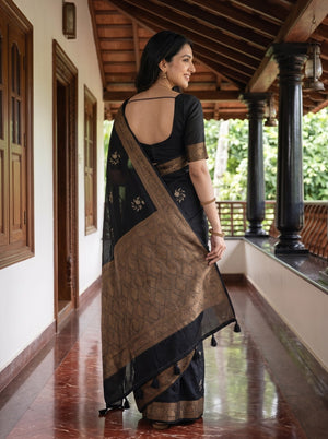 Cotton Silk Black Golden Zari Brocade Diamond Saree