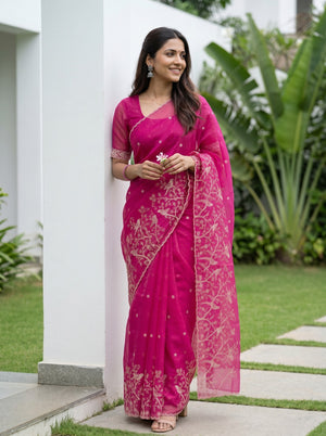 Organza Rani Pink Floral Embroidered Saree