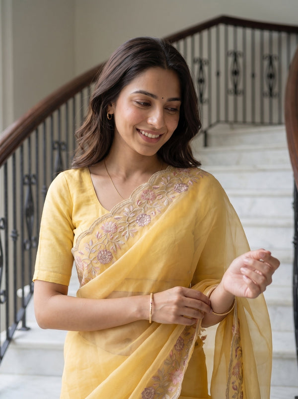 Organza Pastel Yellow Multicolor Floral Vine Embroidered Scalloped Border Saree