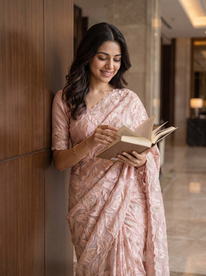 Organza Peach Saree with Golden Leaf Foliage Print