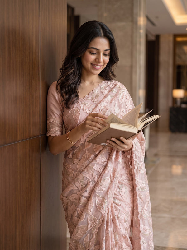 Organza Peach Saree with Golden Leaf Foliage Print