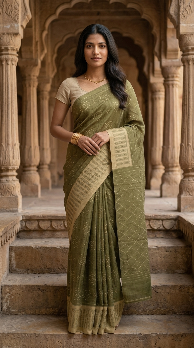 Woman in a green saree standing in an architectural setting