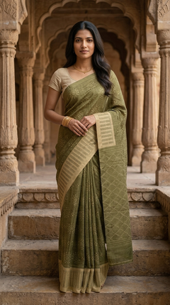 Woman in a green saree standing in an architectural setting