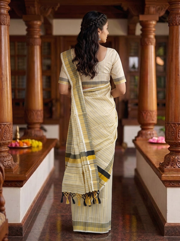 Tissue Cream Pinstripe  with Black Gold Grey Border Onam Special Set Mundu