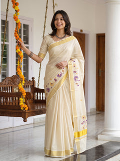 Tissue Cream Embroidered Floral  Onam Special Kerala Saree with Golden Border