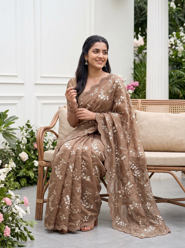 Chiffon Chocolate Brown Floral Leaf Pattern Saree