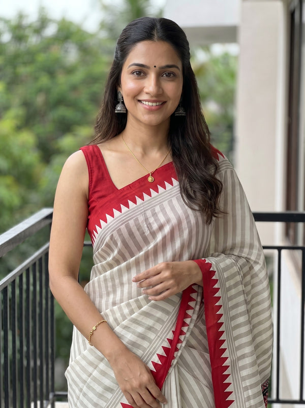 Synthetic Beige White Stripe Saree with Red Temple Border and Tribal Pallu