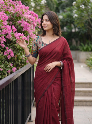 Cotton Deep Maroon Plain Weave Tasseled Saree