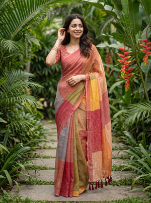 Cotton Multicolor Patchwork Color Block Saree