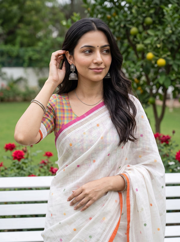 Linen Cream Saree with Multicolor Striped Pallu & Tassels
