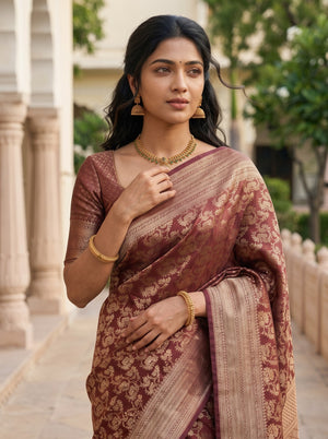 Brocade Silk Maroon Saree with All Over Floral Vine Zari Jaal and Wide Border