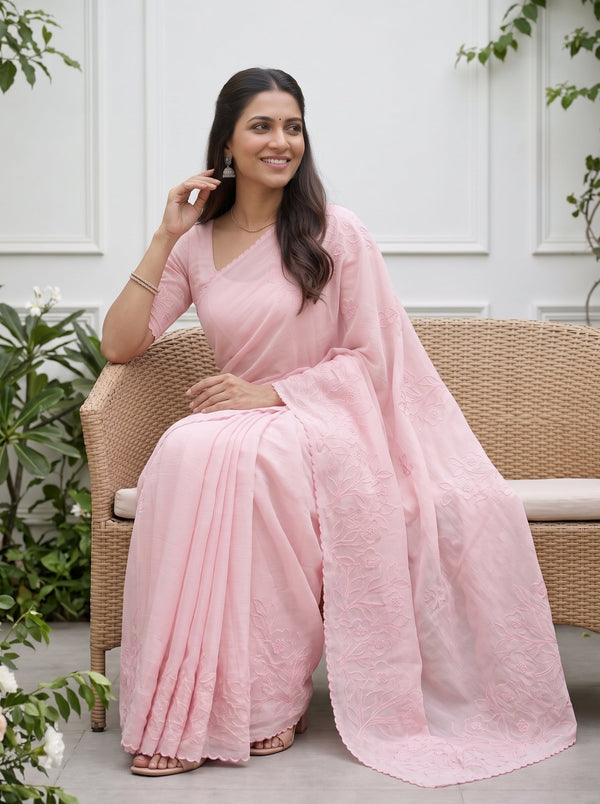 Organza Baby Pink Saree with Floral Vine Cutwork Pallu and Scalloped Border
