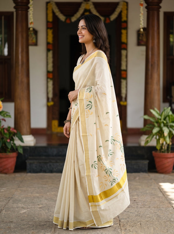 Tissue Cream Green Gold Leaf Embroidery  Onam Special Kerala Saree with Golden Border