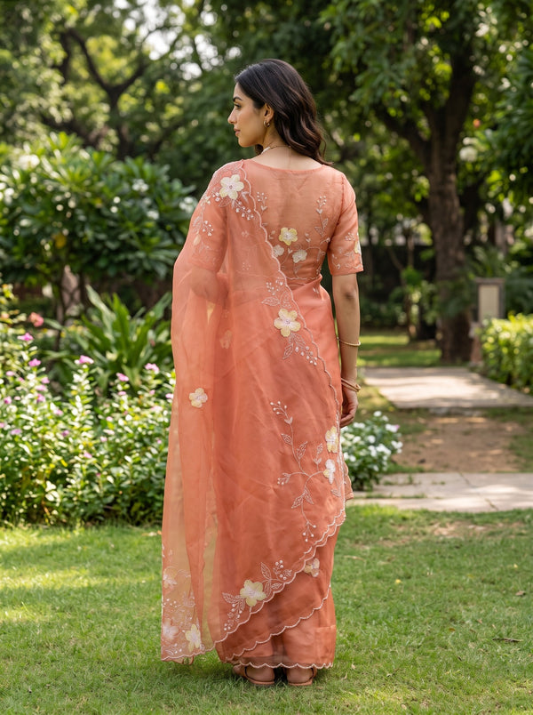 Organza Peach Corner Floral Embroidery Beaded Scalloped Border Saree