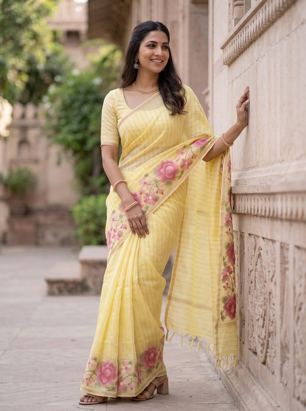 Pure Chanderi Lemon Yellow Saree with Embroidered Floral Border