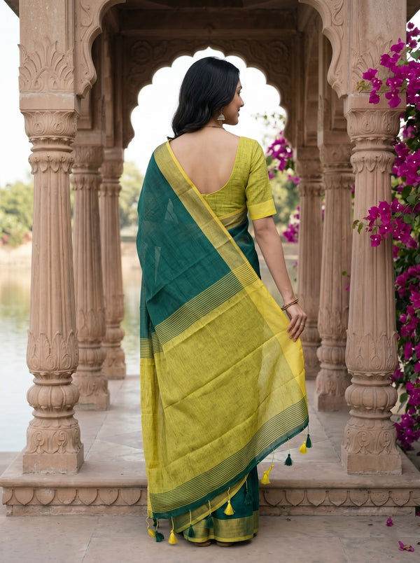 Linen Green Yellow Colorblock Striped Border Saree