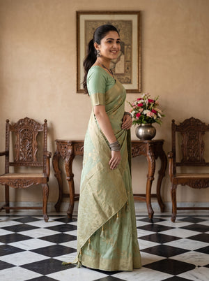 Banarasi Silk Pista Green Allover Floral Saree with Antique Gold Border