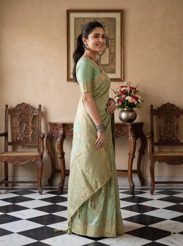 Banarasi Silk Pista Green Allover Floral Saree with Antique Gold Border