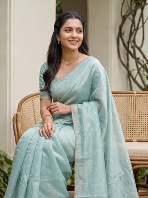 Tissue Sea Green Golden Zari Booti Dot Stone Cluster Beaded Border Saree