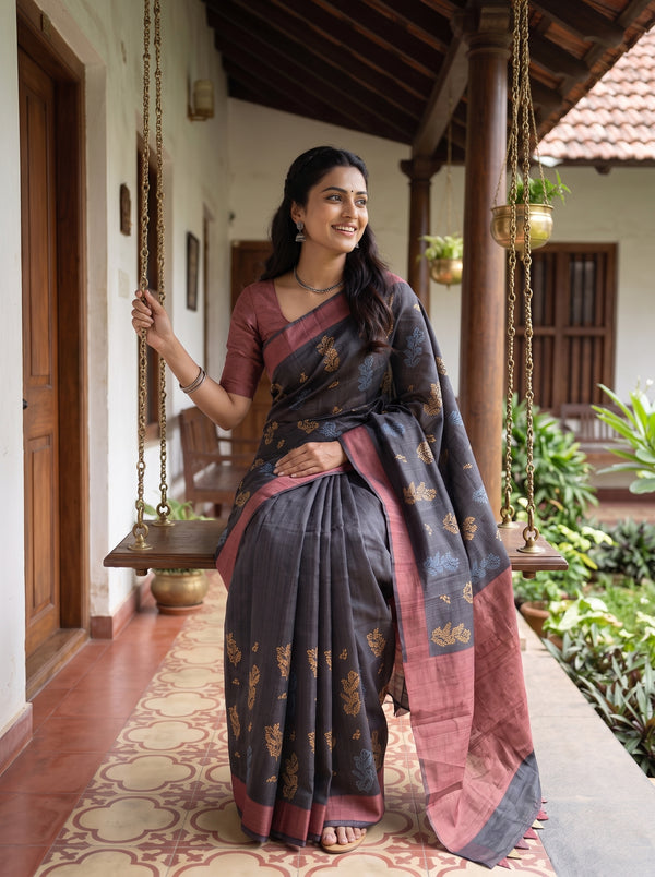 Tussar Silk Black and Maroon Saree with Triangle and Embroidered Border Pallu