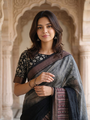 Pure Chanderi Black Olive Tribal Zigzag Print Chevron Border Saree