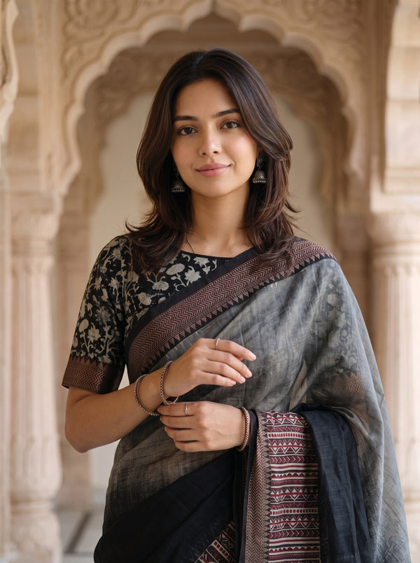Pure Chanderi Black Olive Tribal Zigzag Print Chevron Border Saree