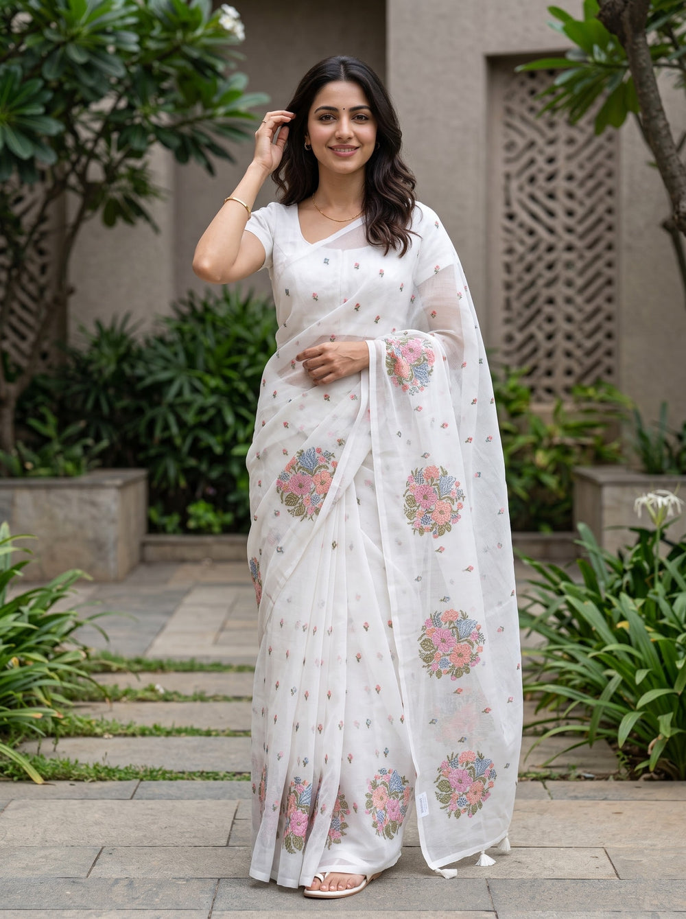 Net Kota White Floral Bouquet Embroidery Saree