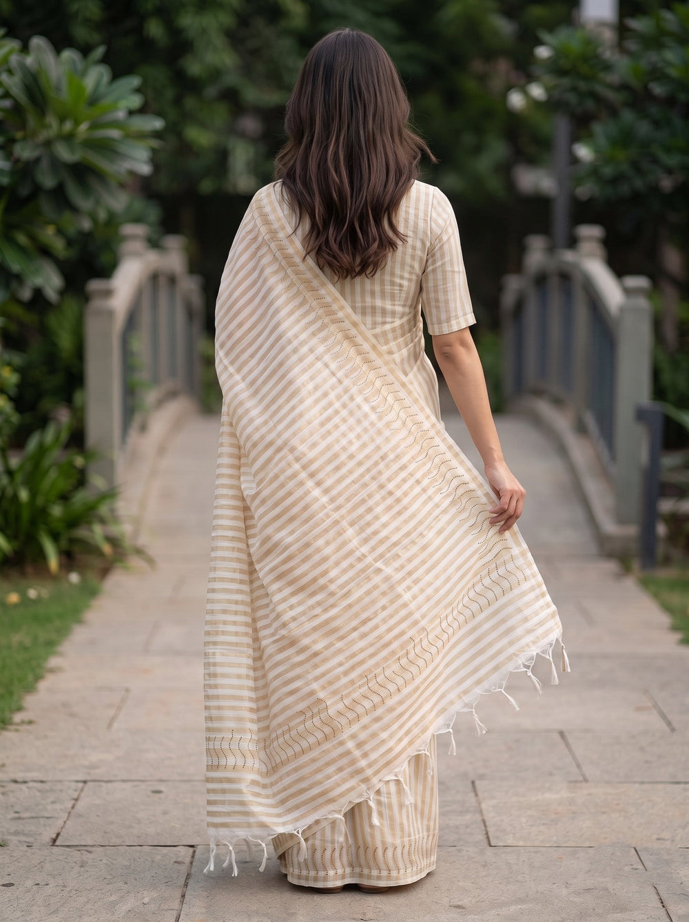 Tissue Silk Cream Striped Saree with Sequin Wave Design
