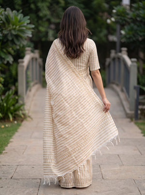 Tissue Silk Cream Striped Saree with Sequin Wave Design
