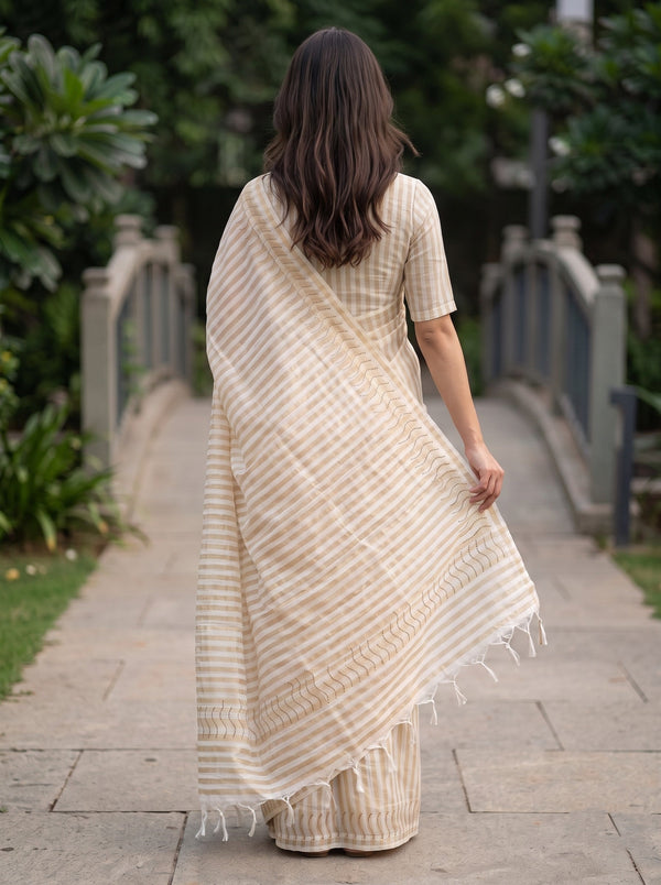 Tissue Silk Cream Striped Saree with Sequin Wave Design