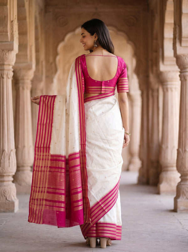 Semi Silk Cream Butta Print with Magenta Pink Zari Striped Pallu Saree