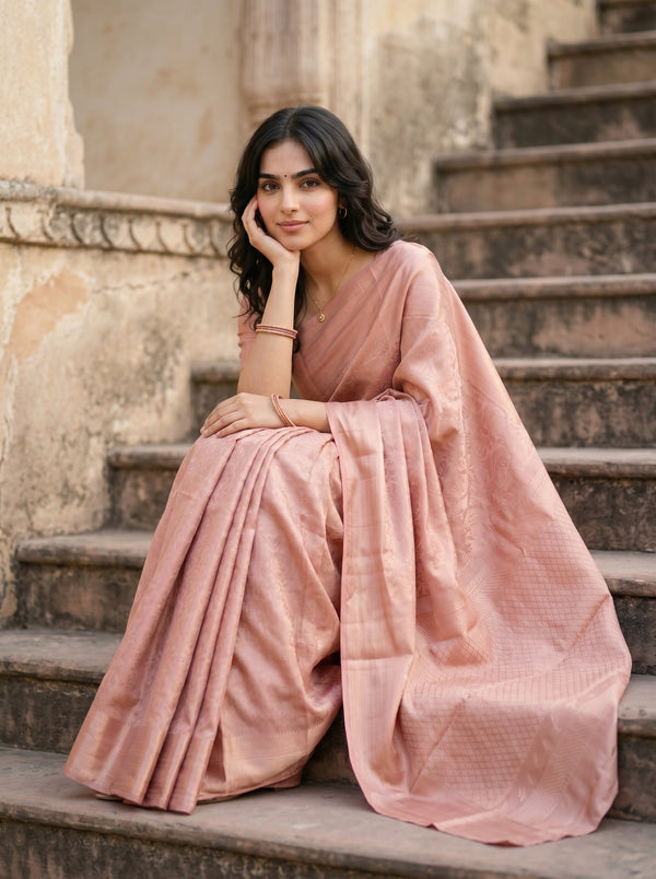 Kanjivaram Tissue Silk Blush Peach  Saree with All-Over Metallic Sheen & Clean Self Border