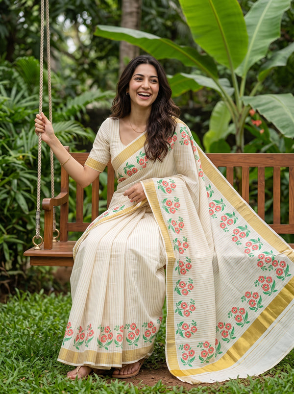 Cotton Cream Red Floral Print Kerala Saree with Golden Zari Border