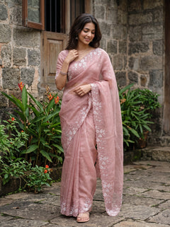 Organza Pink Saree with Sequin Embroidery and Scalloped Edge